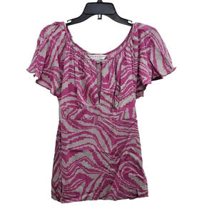 Trina Turk‎ Women's Fuchsia Gray Abstract Pixel Stretch Silk Flutter Blouse Sz M